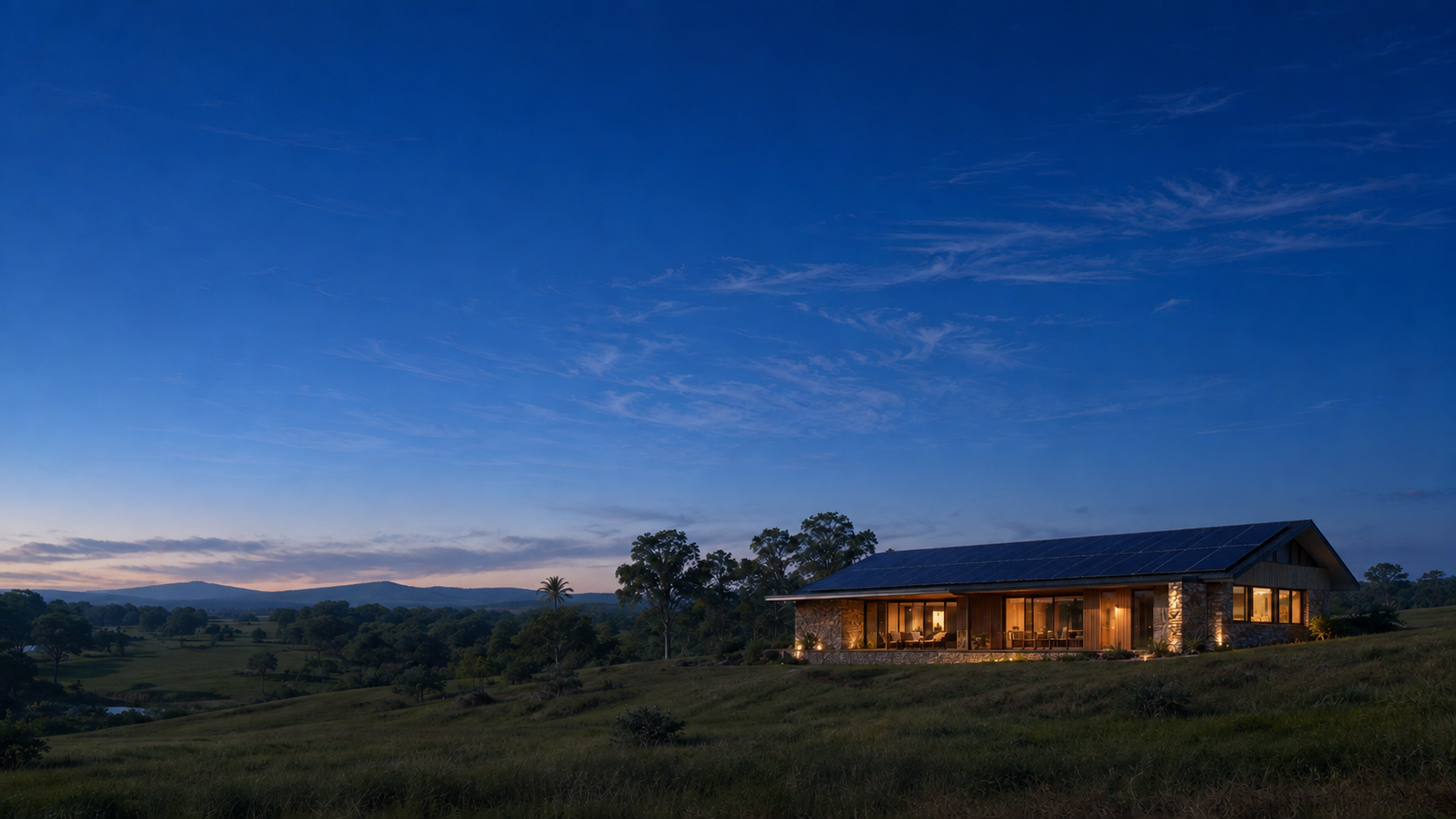 The same solar-powered home illuminated at night