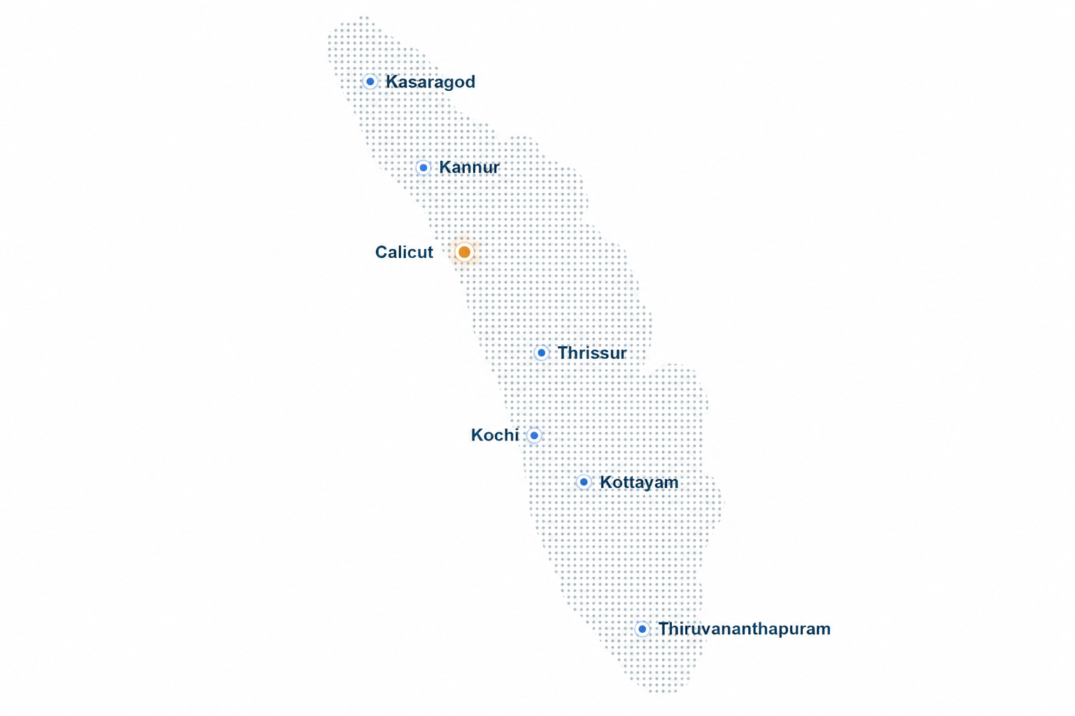 Dotted map of Kerala with markers for Kasaragod, Kannur, Calicut, Thrissur, Kochi, Kottayam and Thiruvananthapuram